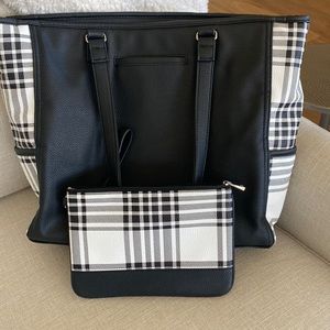 Large 31 Tote in classic Black & White Plaid with matching wrist clutch.
